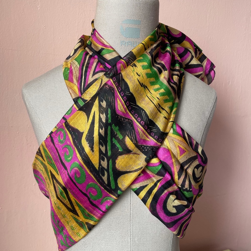 Handmade vintage silk violet/yellow abstract print scarf
